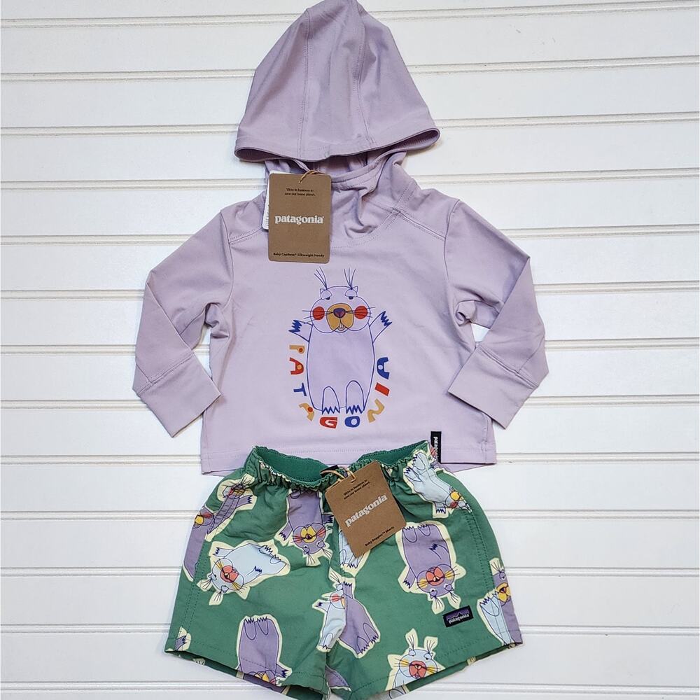NWT Patagonia Baby Capilene Silkweight Hoody & Baggies Short Set Size 3-6 Months